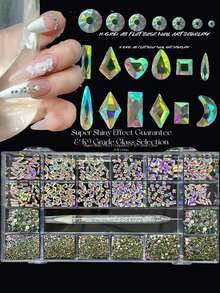 KIRAME 21 Styles DIY Nail Art K9 Glass AB Holographic Flat Bottom Rhinestones - 30pcs Per Style, High Gloss Rhinestones, Includes Dotting Pen, Suitable For Nail Salons, Nail Suppliers, Halloween, Holiday Gifts