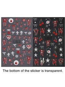 卡通樱桃爱心蝴蝶结浮雕美甲贴纸，水果图案指甲转印贴纸，亮面星星指甲贴花，适合女性沙龙美甲DIY用品 - 彩色 - 查看 12