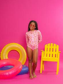 Girls' Swimsuit With Ruffles + Zipper, Cute Style, Beachwear, Summer UV - Baby Pink - View 2