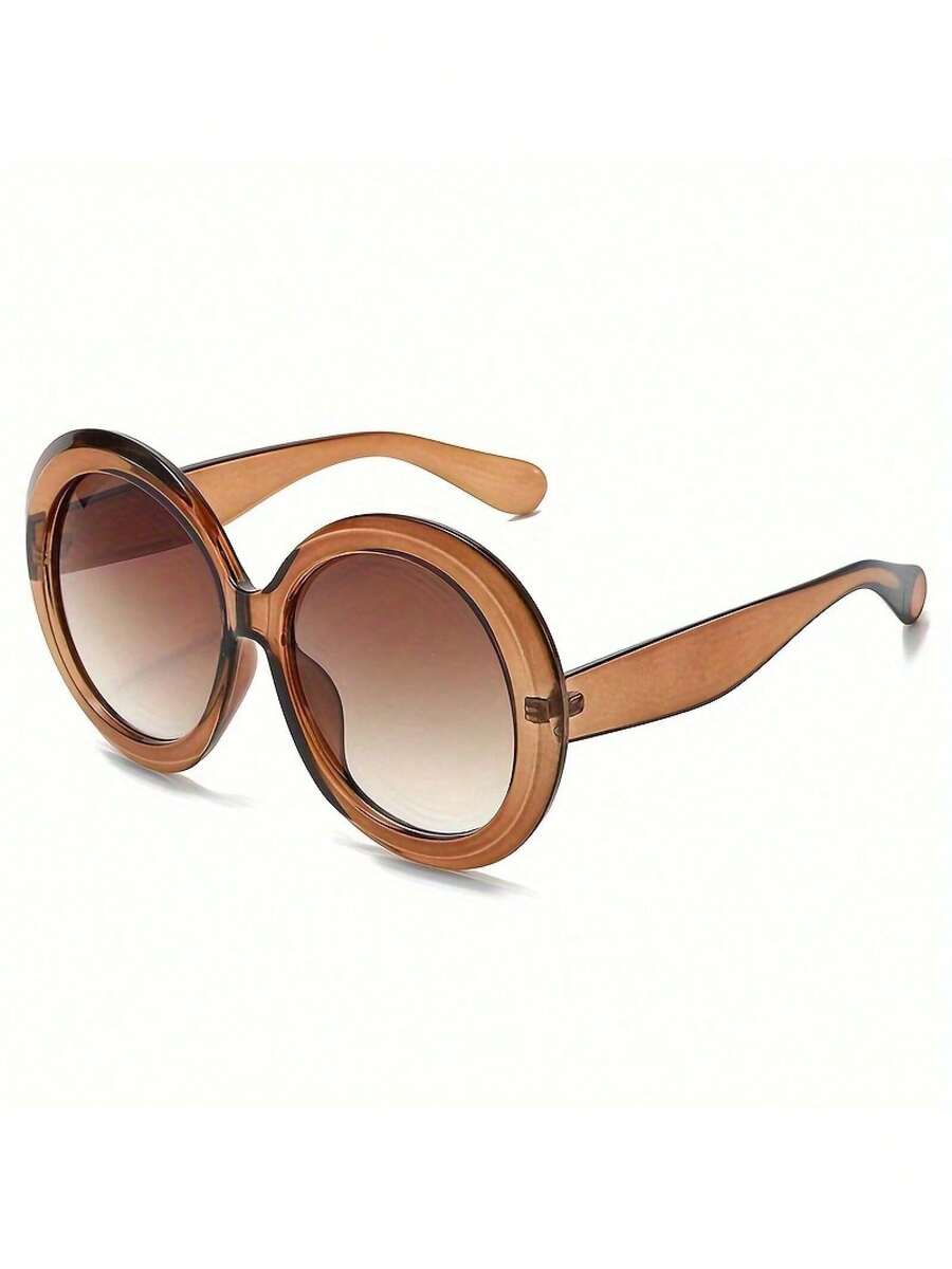 Women's Large Round Frame Glasses - Black Frame Non-Prescription Decorative Glasses, Retro Modern Daily And Special Occasion Style, Fashion Accessories, Metal Hinge Design - 棕色漸層棕色 - 查看 1