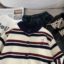 Boys' Striped Cardigan Sweater, 2025 Autumn New Casual Retro Contrast Color Cute Korean Style Loose Jacket - Navy Blue - View 8