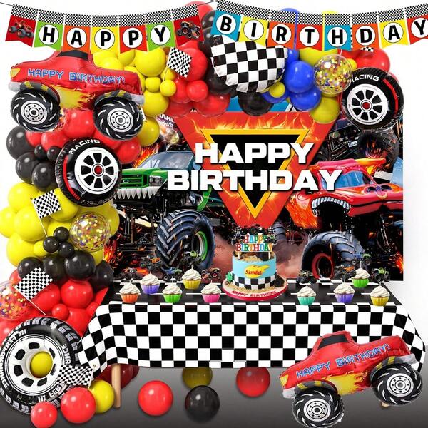 130pcs Monster Truck-Themed Balloon Arch Includes A Truck, Tires, Black And White Checkered Foil Balloons, And Dark Blue, Black, Yellow, And Red Latex Balloons. Perfect For Birthday Parties, Baby Showers, Outdoor Decorations, Game Displays, And Cartoon Truck-Themed Party Decor.