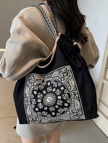 女士手提包，大容量防水帆布刺绣托特包，个性化图案便携单肩托特包 - 黑色 - 查看 4