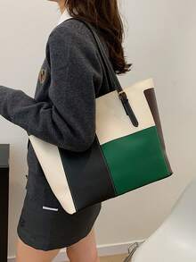 32*12*28cm 时尚大容量多口袋单肩托特包，休闲女士大包适合放笔记本电脑，简约风格适合休闲度假 - 綠色 - 查看 2