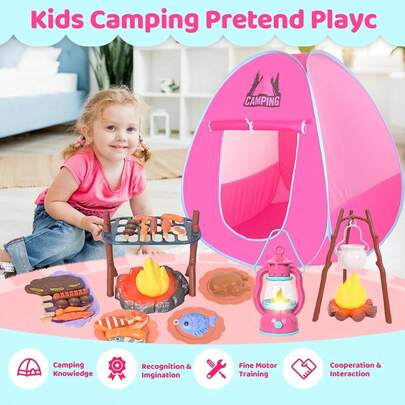 Juego de Camping para Niños, Incluye Tienda de Campaña Emergente, Fogata y Linterna de Juguete, Set para Interior y Exterior, Juguetes para Niños de 3, 4 y 5 Años