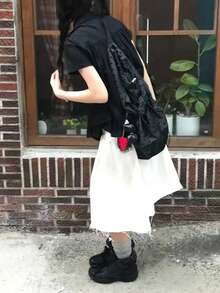 2025夏季新款韩版甜美青春花卉蕾丝拼接短袖上衣 黑色 - 黑色 - 查看 5