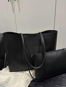 2 chiếc túi xách đeo vai lót chần bông màu đen cho nữ, túi xách kết hợp dung tích lớn thời trang có khóa bấm, phong cách đường phố giản dị cho việc đi làm hàng ngày - màu đen - Xem 2