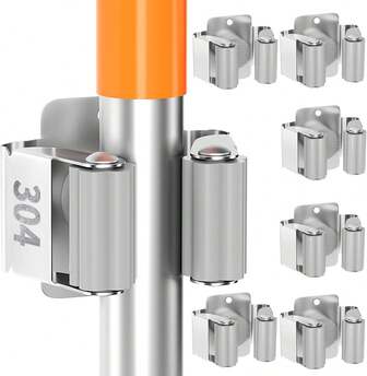 6pcs Heavy Duty Stainless Steel Wall Mounted Broom Holder And Mop Hanger, Ideal Garage Storage System For Efficient Organization Of Garden, Laundry, And Kitchen Tools, Perfect For Maximizing Space And Keeping Your Home Tidy, Durable And Stylish Design For All Your Cleaning Needs, Essential Home Organizer For Seasonal Cleaning And Everyday Use