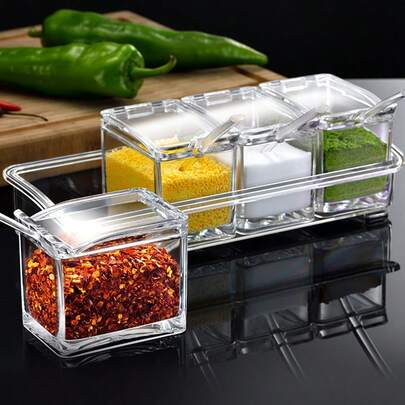 1pc Transparent Seasoning Box With Lid, 4-In-1 Kitchen Salt, Sugar, Monosodium Glutamate Storage Containers
