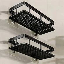 2pcs Black Metal Wall-Mounted Shower Caddy Set, No Drilling Required, Rust-Resistant Bathroom Organizer For Shampoo, Conditioner, Space-Saving Hanging Shelves
