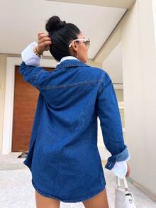 Denim Jacket Shirt Over Thick Jeans Women's Without Lycra - Rửa tối - Xem 3
