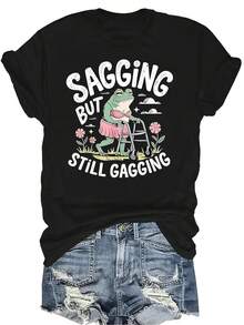 Camiseta con estampado de rana "Flácida pero aún atragantándose" Unisex de verano, casual, transpirable, de personalidad, cuello redondo, manga corta, ropa de calle, versátil, adecuada para adolescentes y adultos - Negro - Ver 1