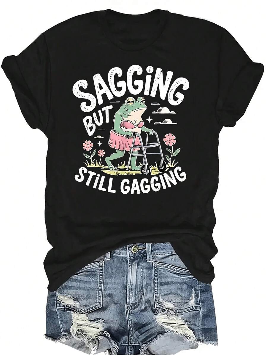 Camiseta con estampado de rana "Flácida pero aún atragantándose" Unisex de verano, casual, transpirable, de personalidad, cuello redondo, manga corta, ropa de calle, versátil, adecuada para adolescentes y adultos - Negro - Ver 1