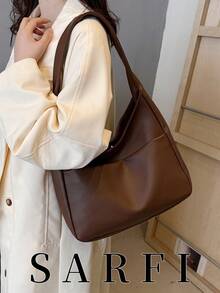 现代简约纯色荔枝图案面料设计女士单肩包，休闲手提包，适合大学生和日常使用，轻便大容量