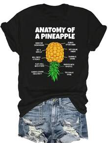 Camiseta gráfica de humor de fiesta con anatomía de piña, unisex, de verano, casual, transpirable, de personalidad, de cuello redondo, de manga corta, ropa de calle, versátil, adecuada para adolescentes y adultos - Negro - Ver 1