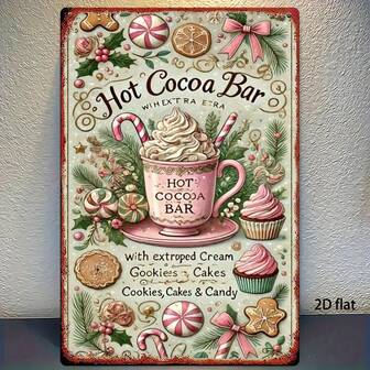 2D 平面，1 件复古热可可吧木制标志 - 复古圣诞装饰带杯子，古董咖啡馆海报 - 预钻孔，方便悬挂 - 适用于厨房、咖啡馆、酒吧、家庭 - 圣诞节装饰礼物 - 无需电力，复古圣诞墙壁艺术，厨房装饰，节日设计，2D 平面