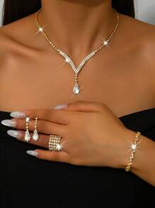 1set Fashionable Jewelry Set Including Necklace, Earrings, Bracelet, Stretch Ring For Women's Daily Wear