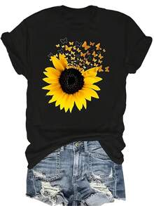Camiseta gráfica de girasol unisex, de verano, casual, transpirable y de personalidad, con cuello redondo y manga corta, ropa de calle versátil, adecuada para adolescentes y adultos - Negro - Ver 1