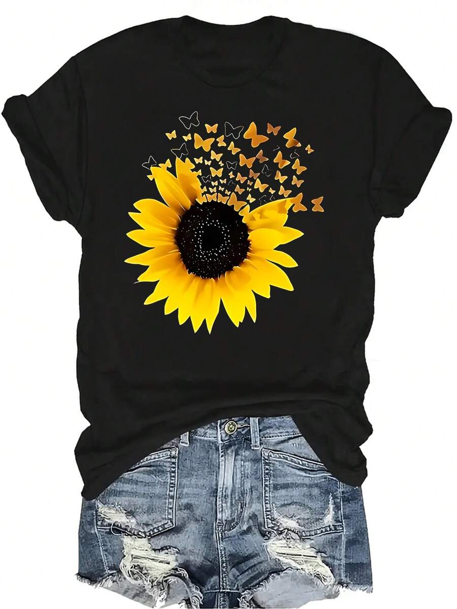 Camiseta gráfica de girasol unisex, de verano, casual, transpirable y de personalidad, con cuello redondo y manga corta, ropa de calle versátil, adecuada para adolescentes y adultos - Negro - Ver 1