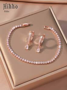 Hihho 3pcs Cubic Zirconia Wedding Jewelry Set, Bridal Cubic Zirconia Tennis Bracelet, Women Jewelry Set
