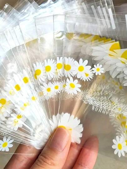 500个宠物食品包装袋，可爱雏菊透明包装袋，适用于家庭烘焙包装饼干、雪花饼、月饼、糖果和其他食品。