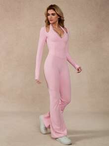 NcmRyu 1件舒适休闲圆领阔腿直筒塑形提拉长袖连体裤粉色春季 - 粉色 - 查看 8