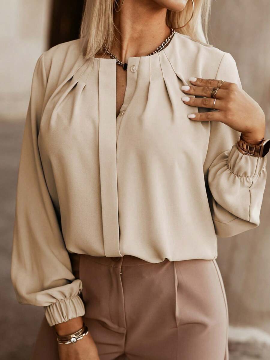 Acelitt Women's Solid Color Pleated Design Casual Long Sleeve Shirt, Suitable For Daily Commute, Spring & Autumn - Khaki - View 1