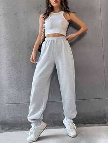 1pc Teen Girls Casual Loose Sweatpants, Simple Solid Color Thermal Lined Warm Knit Pants, Autumn/Winter