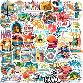 50张夏威夷艺术贴纸 - 防水乙烯基，适用于笔记本电脑、滑板、吉他、手提箱等 - 都市美学DIY装饰礼品