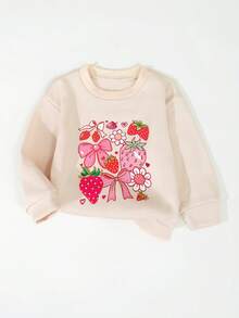 Casual Strawberry & Bow Print Round Neck Long-Sleeved Sweatshirt&Pants For