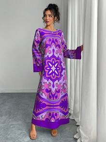 Middle Eastern Style Women's Abaya Dress, Round Neck, Color Block Print, Long Loose Fit Long Sleeve Ruffle Cuff, Elegant, Vacation Vibe, Holiday, Autumn/Winter Casual Maxi Dress, Evening Gown