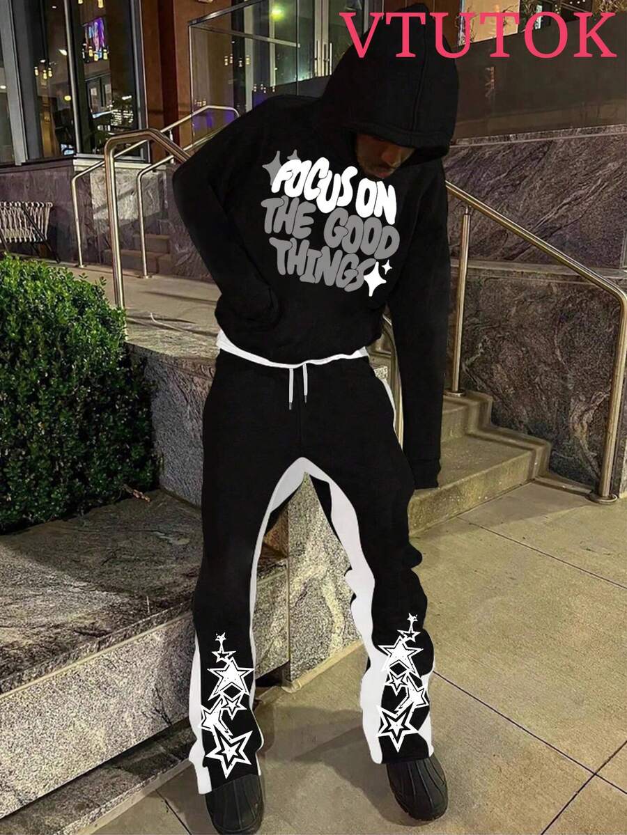 (2PC)Men's Casual Printed Hoodie And Sweatpants Set, Autumn And Winter Men's Sportswear, Men's Fashion  Sportswear With Printed  American Hip-Hop  With Personalized Patterns Focuson The Good Things - 黑色 - 查看 1