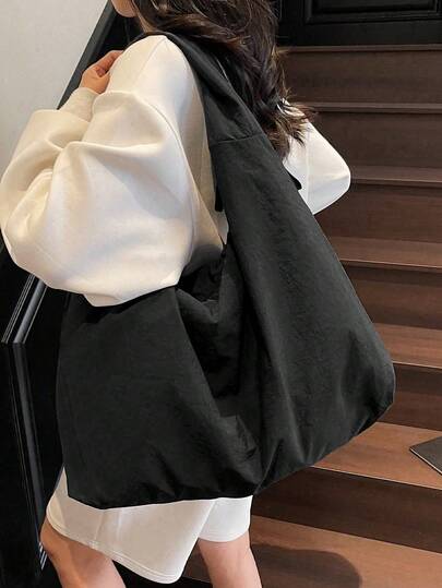 Bolso de hombro de nailon ligero de unicolor de gran capacidad. Dos bolsillos laterales para almacenamiento. Estilo minimalista, adecuado para uso diario en verano, se puede usar como bolso de trabajo o de viaje casual. Bolso de moda japonesa de estilo callejero para mujeres.