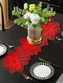 1pc Christmas Flower PVC Gold Foil Table Runner, Suitable For Christmas Dining Table Center Decor, Holiday Party Wedding Celebration Dinner Table Mat, Outdoor Party Floral Table Runner - Multicolor - View 3