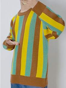 Plus Size Men's Casual Soft & Comfortable Striped Crew Neck Long Sleeve Knit Sweater, Autumn/Winter