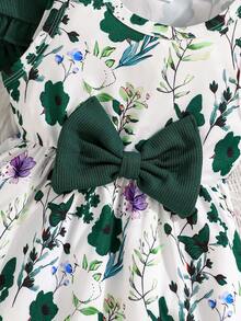 2pcs/Set Baby Girls Autumn Long Sleeve Ruffle Top And Sleeveless Round Neck Floral Print Bowknot Dress Casual Cute Outfit For Outdoor/Holiday - Olive Green - View 6