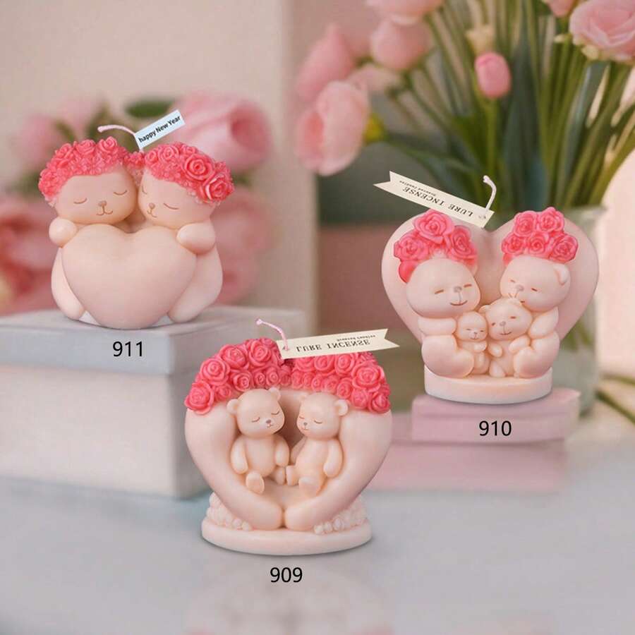 Rose Bear Scented Candle Mold, Valentine's Day Heart Rose Creative Candle Silicone Mold - White - View 1