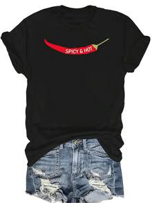 Camiseta con estampado de pimiento picante, unisex, de verano, casual, transpirable, con cuello redondo, manga corta, ropa de calle, versátil, adecuada para adolescentes y adultos - Negro - Ver 1