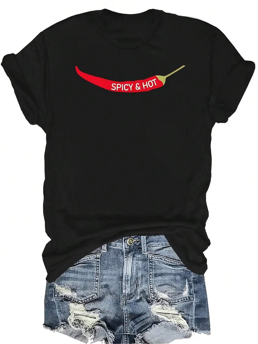 Camiseta con estampado de pimiento picante, unisex, de verano, casual, transpirable, con cuello redondo, manga corta, ropa de calle, versátil, adecuada para adolescentes y adultos - Negro - Ver 1
