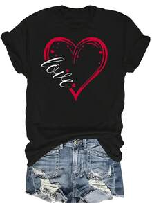 Camiseta de verano unisex casual y transpirable con cuello redondo y manga corta, con diseño chic y personalidad para el Día de San Valentín, adecuada para adolescentes y adultos - Negro - Ver 1