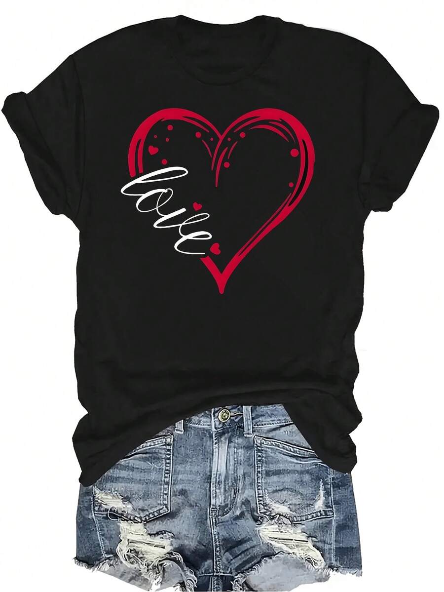 Camiseta de verano unisex casual y transpirable con cuello redondo y manga corta, con diseño chic y personalidad para el Día de San Valentín, adecuada para adolescentes y adultos - Negro - Ver 1