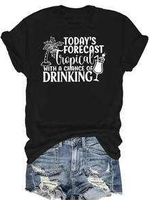 Camiseta con estampado de letra y árbol de coco, unisex, de verano, casual, transpirable, con personalidad, cuello redondo, manga corta, ropa de calle, versátil, adecuada para adolescentes y adultos - Negro - Ver 1