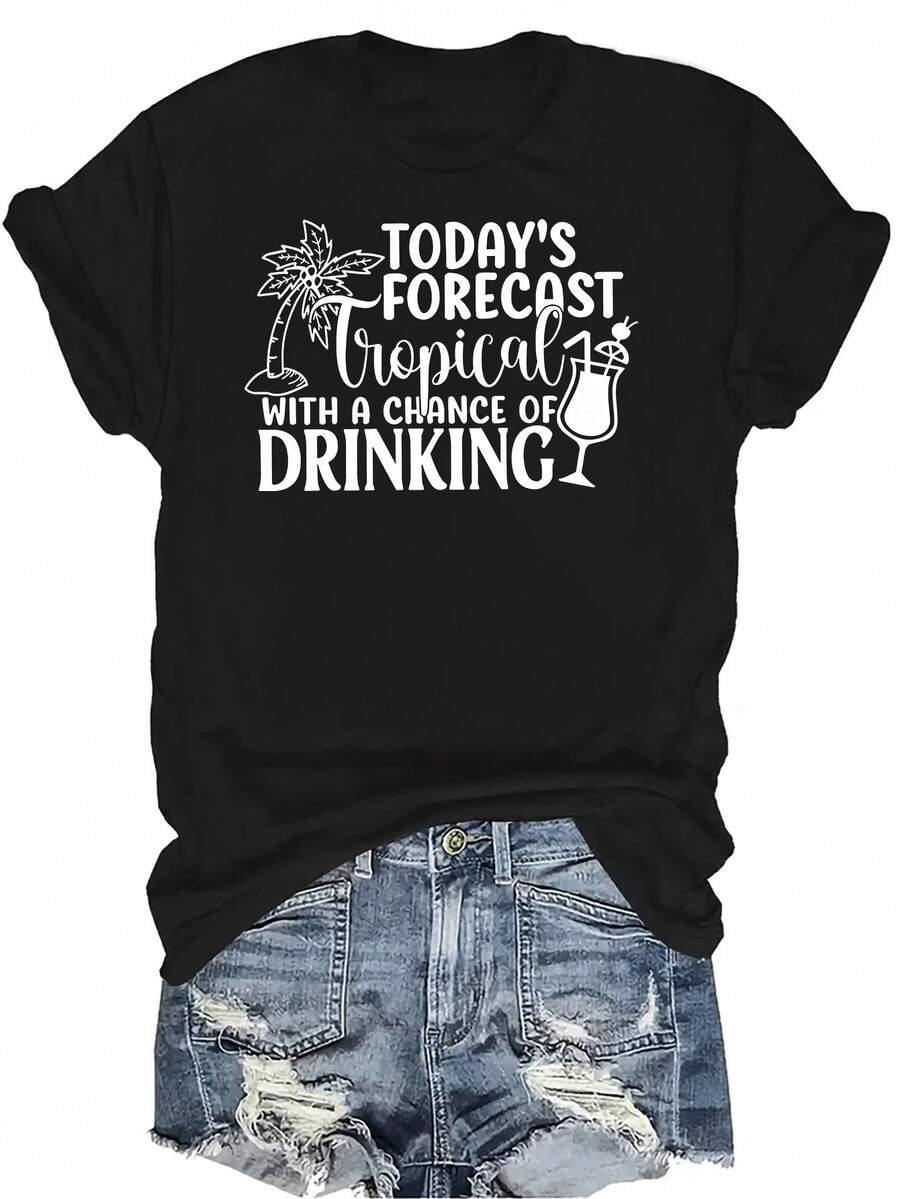 Camiseta con estampado de letra y árbol de coco, unisex, de verano, casual, transpirable, con personalidad, cuello redondo, manga corta, ropa de calle, versátil, adecuada para adolescentes y adultos - Negro - Ver 1