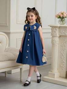 Girls Casual Stylish Denim Dress With Rabbit Embroidery, Suitable For Girls Daily Casual Outfit, Summer - Blue - View 3