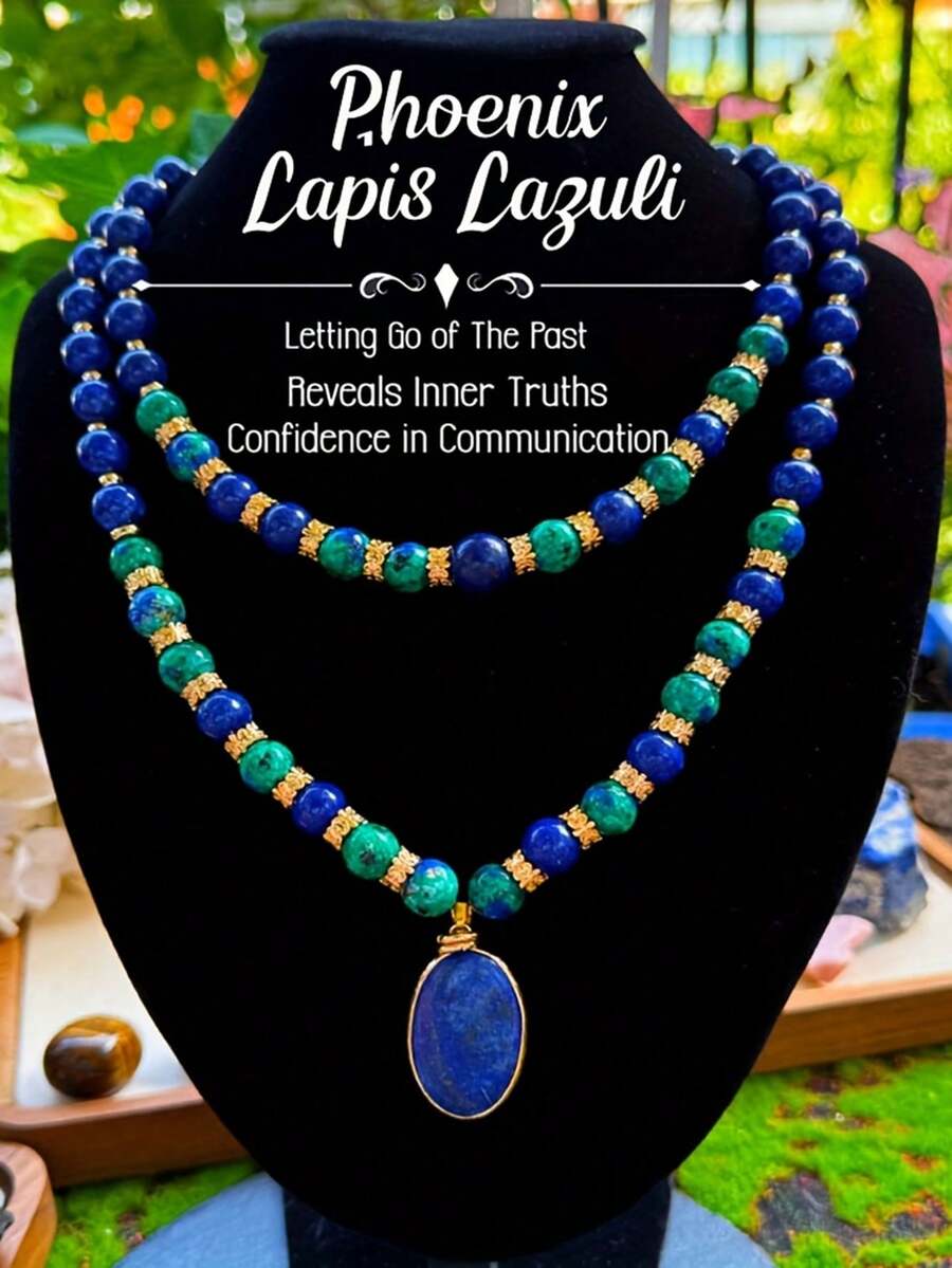 2pcs Natural Stone Phoenix & Lapis Lazuli Double Layer Necklace, Luxury Crystal Jewelry Gift For Women