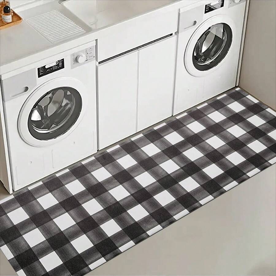 Modern Plaid Pattern Doormat, Rug, Traditional Long Carpet, Suitable For Hallway, Kitchen, Bedroom, Living Room, Entrance, Balcony, Home Decor, Stain Resistant, Coffee Shop, Bar, Holiday, Party, Bedroom Mat, Bath Mat, Room Decor, Kitchen Decor, Black And White Rug - Black and White - View 1