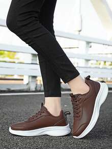 Women's Lightweight Black Casual Sneakers, Breathable, Waterproof, Comfortable Thick Sole, Fashionable Solid Color Synthetic Leather Non-Slip Low-Top Leisure Shoes, Suitable For All Seasons, Size 35-45