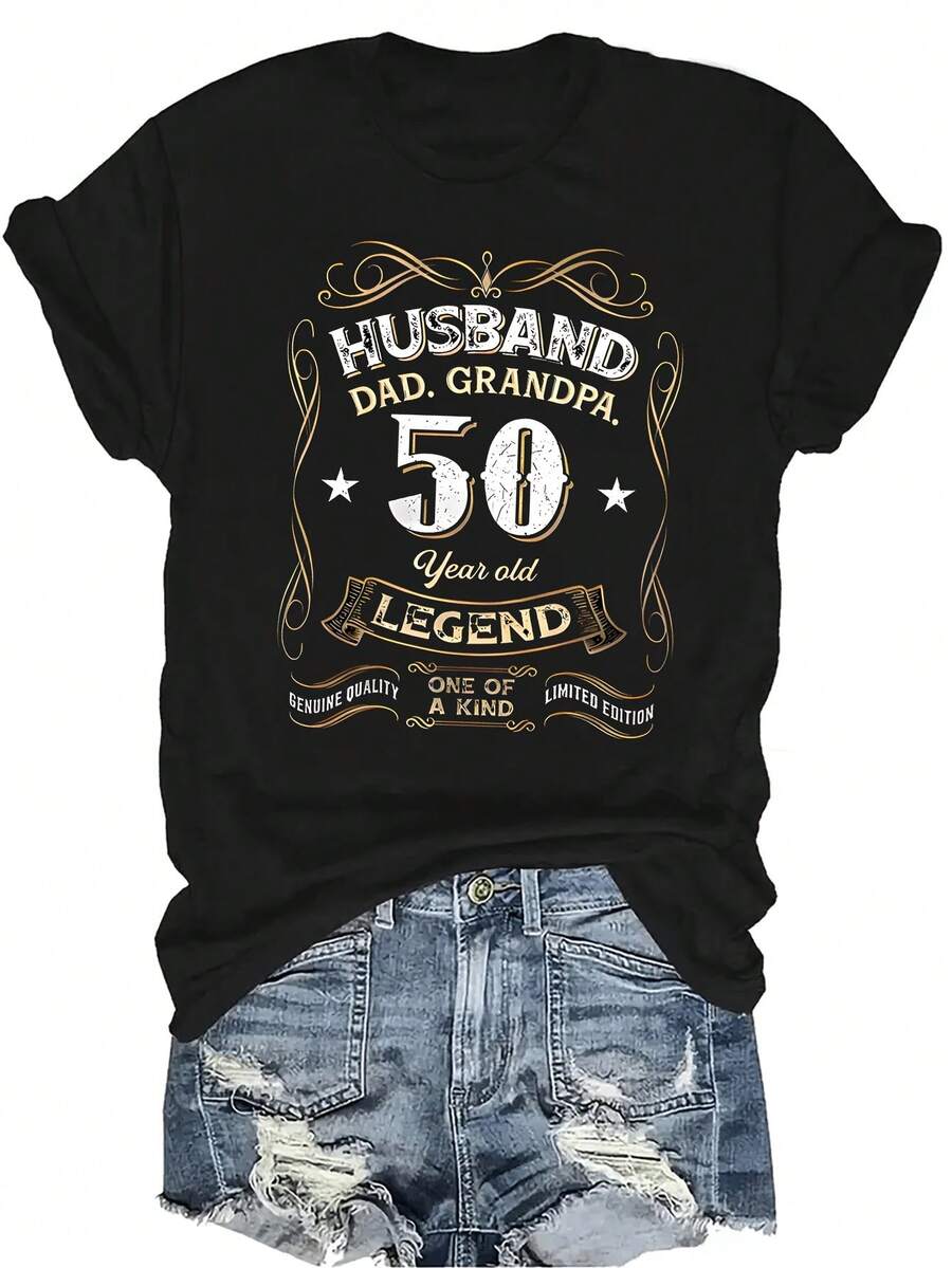 Camiseta de 50th cumpleaños Unisex Verano Casual Transpirable Personalidad Cuello Redondo Manga Corta Camiseta Ropa de Calle Versátil, Adecuada para Adolescentes y Adultos - Negro - Ver 1