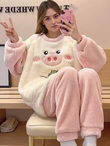 Cute Pig & Strawberry Plush Pajama Set - Polyester Fleece Winter Loungewear - Hồng - Xem 10