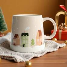 1pc 350ml/11.84oz Ceramic Christmas Tree House Themed Mug, Creative Minimalist Snowflake Tree House Coffee Cup, Suitable For Christmas Holidays, Office Gatherings, Cute Christmas Gift
